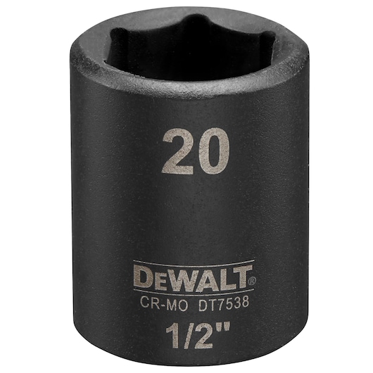 DEWALT DT7538 20mm black impact socket, marked with size and 1/2 inch drive.