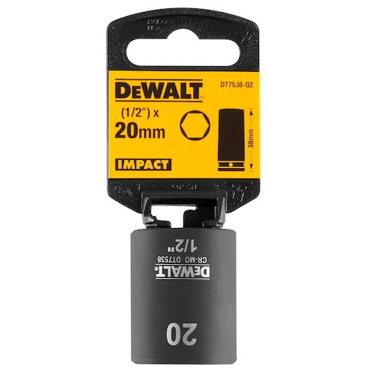 DEWALT DT7538 20mm impact socket with 1/2 inch drive, packaged on a black and yellow card.