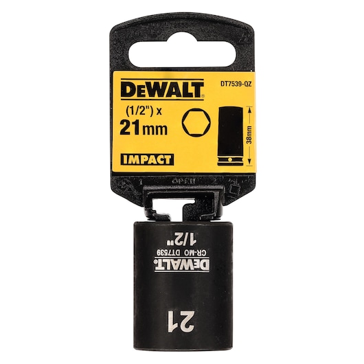DEWALT 21mm impact socket (1/2 inch drive) in black with product packaging. The packaging is yellow and black, displaying the DEWALT logo, the size 21 mm, and product code DT7539.