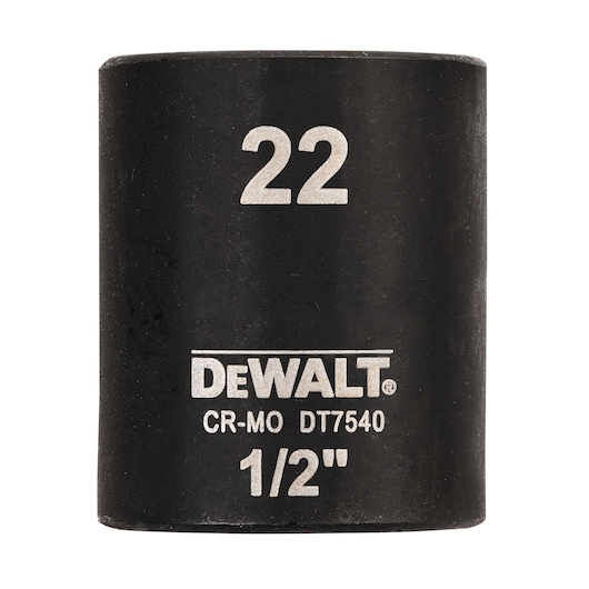 DEWALT DT7540 1/2 inch impact socket, size 22, black cylindrical tool for fastening applications.