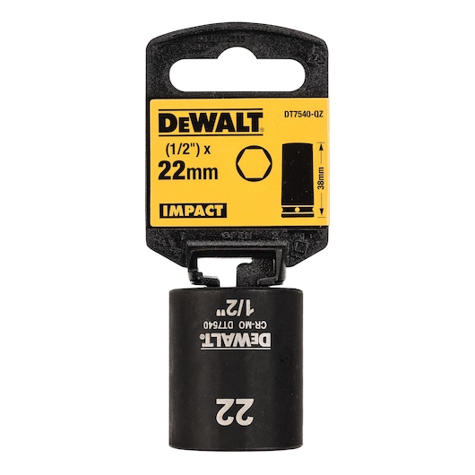 DEWALT impact socket DT7540, 22mm size and 1/2 inch drive, black metal, yellow branded packaging.