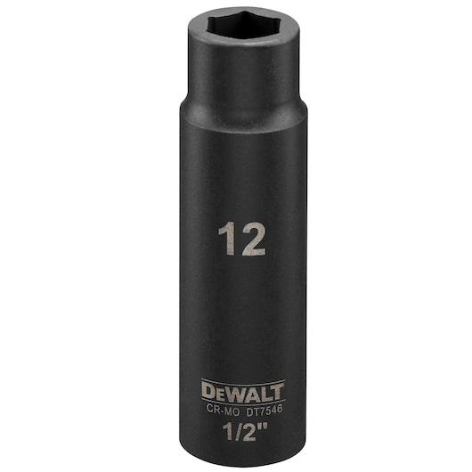 DEWALT DT7546 12mm deep impact socket with 1/2 inch drive, black finish, cylindrical shape.