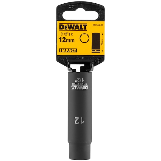 DEWALT DT7546 12mm impact socket with yellow label and black packaging for photography product display.