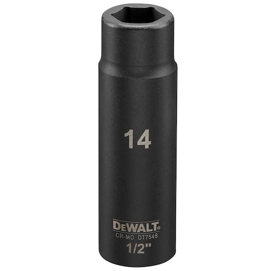 DEWALT DT7548 black 14mm deep impact socket with 1/2 inch drive, cylindrical metal tool for mechanical use.