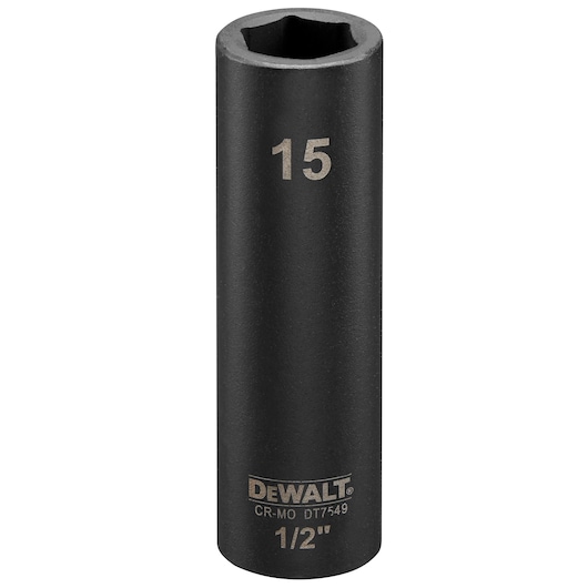 DEWALT DT7549 deep socket, 15mm size, black, 1/2 inch drive, cylindrical hand tool for bolts.