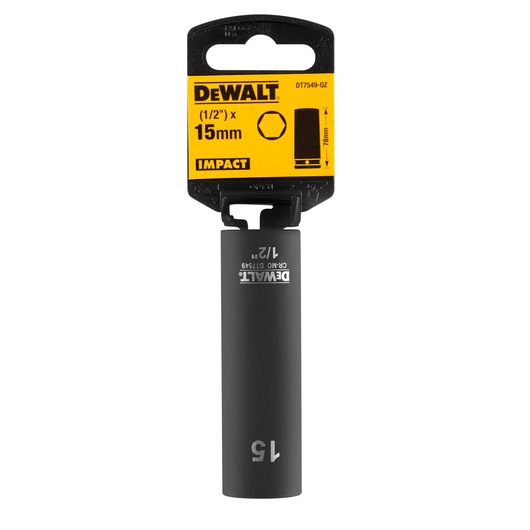 DEWALT 15mm impact socket, DT7549, with 1/2 inch drive, black finish, packaged on branded holder.