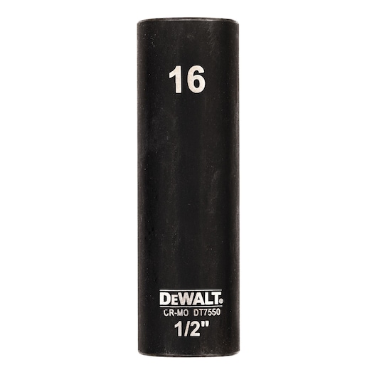 A DEWALT DT7550 1/2 inch deep impact socket, size 16, made of black metal, shown upright against a white background.