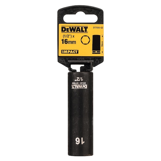 DEWALT DT7550 16mm impact socket with black and yellow packaging, suitable for 1/2 inch drive tools.