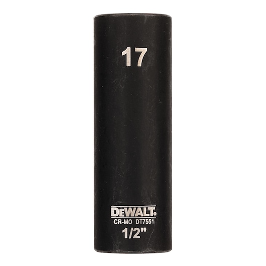 DEWALT DT7551 black 1/2" impact socket with 17mm marking, cylindrical tool for bolt tightening.