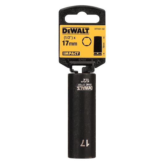DEWALT 17mm impact socket, half-inch drive, black with branded packaging, suitable for heavy-duty tool use.