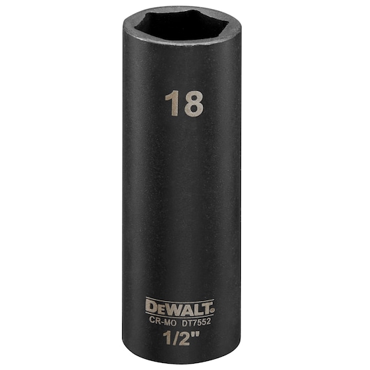 DEWALT DT7552 18mm deep impact socket, black, 1/2 inch drive size, cylindrical shape, tool accessory.