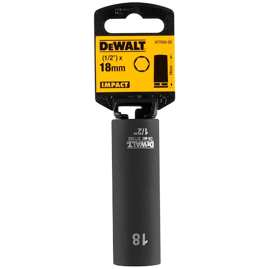 DEWALT DT7552 impact socket, 18mm size, 1/2 inch drive, black, with yellow branded packaging.