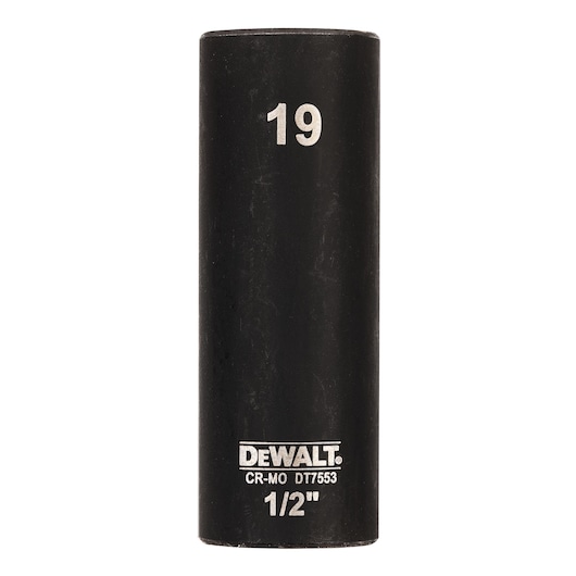 DEWALT DT7553 deep impact socket, 19mm size, 1/2 inch drive, black metal tool shown upright.