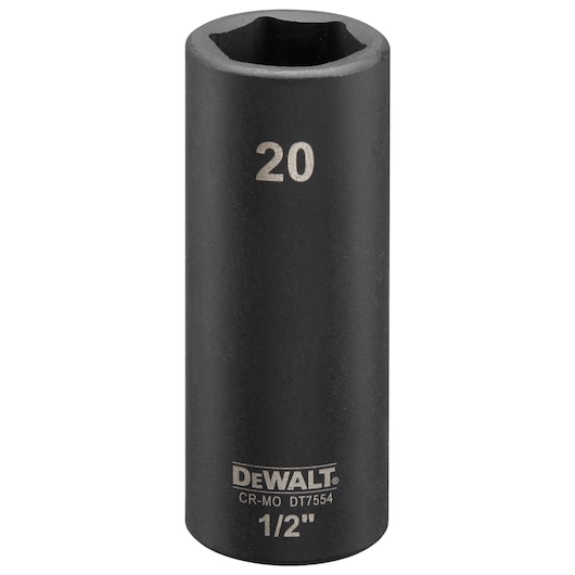 DEWALT DT7554 black 20mm deep impact socket for 1/2 inch drive, cylindrical shape, tool accessory.