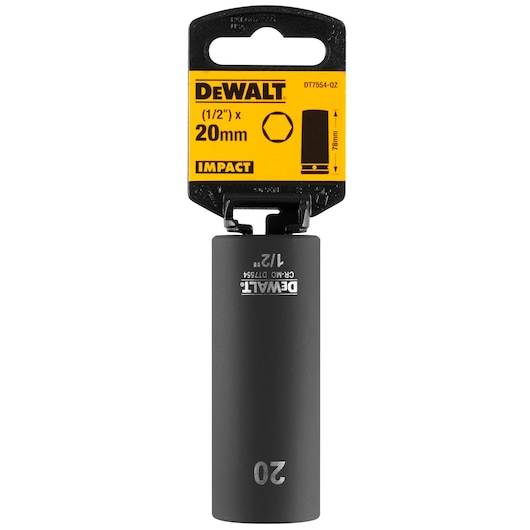 DEWALT 20mm impact socket with yellow and black packaging, labeled DT7554, suitable for 1/2 inch drive tools.