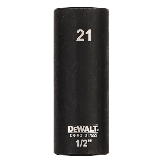 DEWALT DT7555 1/2 inch impact socket, black, with 21 marking, cylindrical shape.