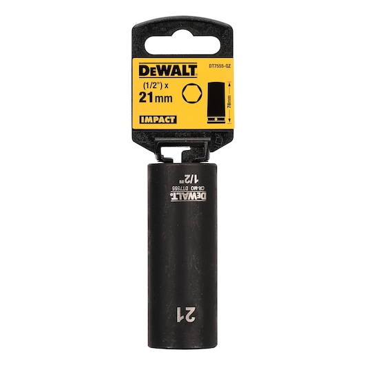 DEWALT DT7555 impact socket, 1/2 inch drive, 21mm size, black, in retail packaging with yellow label.