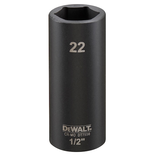 DEWALT DT7556 deep impact socket, size 22mm, 1/2 inch drive, black cylindrical tool.