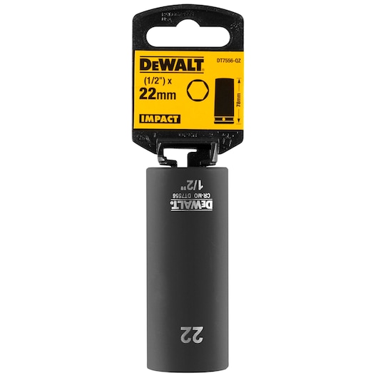 DEWALT DT7556 impact socket, 22mm size, 1/2 inch drive, shown in packaging with black socket and yellow label.