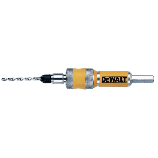 DEWALT DT7602 yellow and silver drill bit holder with a mounted drill bit against a white background.