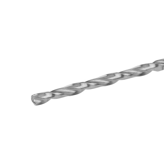 Close-up of a metal drill bit with a spiral design on a white background.