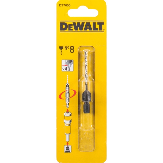 DEWALT DT7605 drill bit No. 8 in retail packaging, featuring yellow background with DEWALT logo and illustrations showing drill use and compatibility.