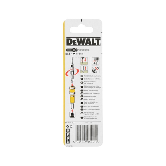 Back packaging of a DEWALT DT7605 drill accessory set, showing product information, instructions with multilingual text, barcode, and illustrations for use. The packaging highlights drill bit with countersink feature.