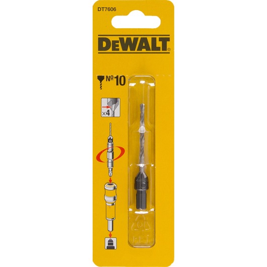 DEWALT DT7606 drill bit in yellow packaging with instructions and illustrations.