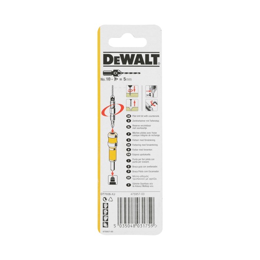 DEWALT DT7606 drill bit packaging. Shows instructions, product image, barcode and multilingual details on a white card.