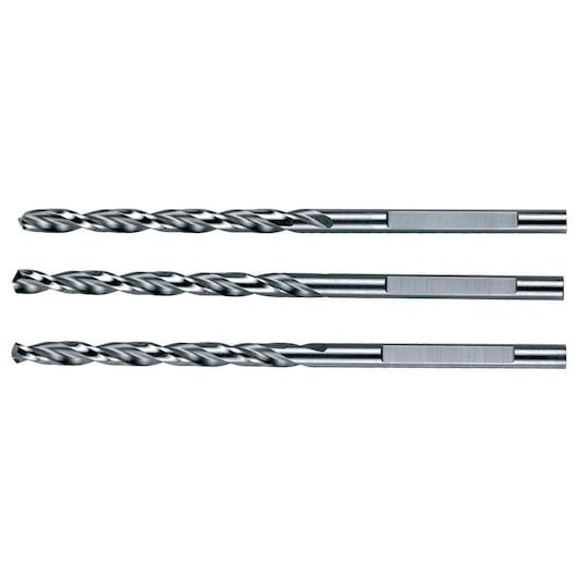 Three DEWALT metal twist drill bits aligned horizontally on a white background.
