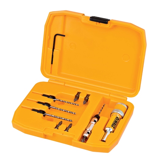 Yellow DEWALT tool case containing a drill and screwdriver accessory set, including drill bits, screwdriver bits, a hex key, and a bit holder.