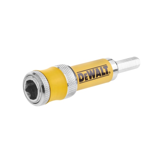 Yellow DEWALT magnetic bit holder for screwdrivers and drills, metal with hex shank and knurled grip.