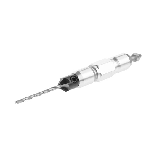 Metal DEWALT drill bit with countersink and screwdriver tip, shown on a white background.
