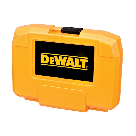 Yellow DEWALT plastic case with black logo, used for storing tools or accessories.