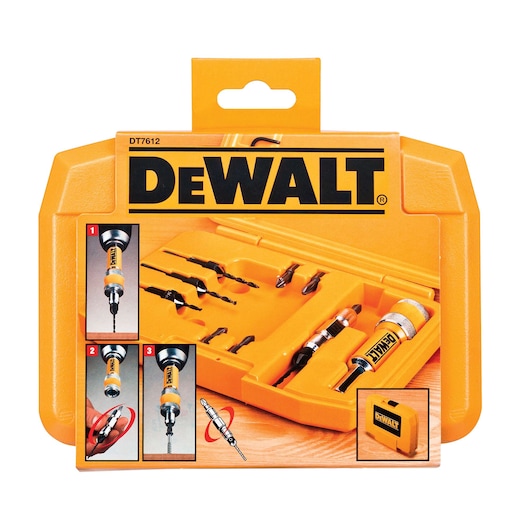DEWALT DT7612 drill and screwdriver bit set in yellow case, includes drill bits and adapter.