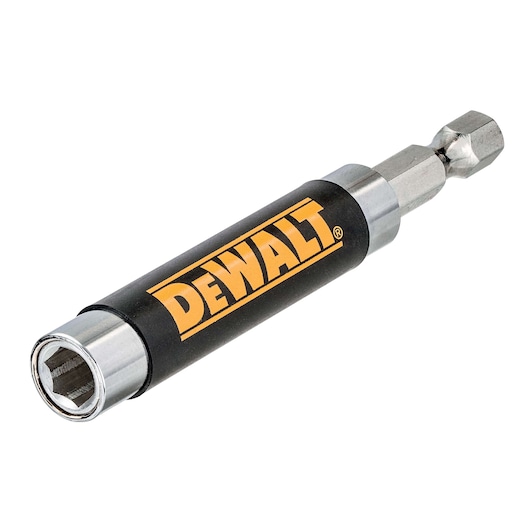 DEWALT hex socket driver with black and yellow branding, used for fastening nuts with a drill or screwdriver.