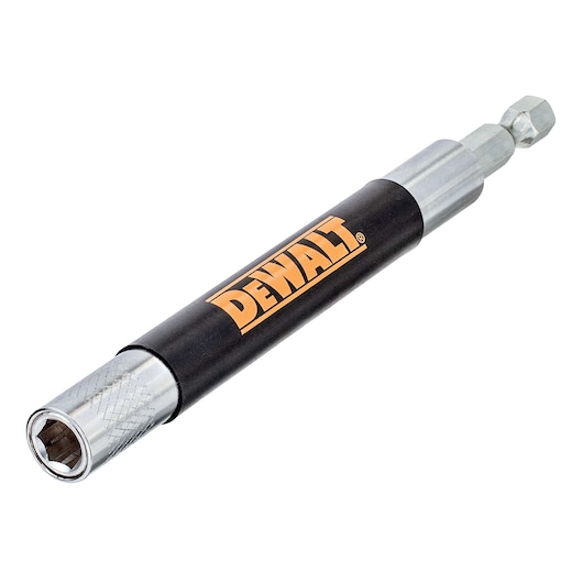 DEWALT DT7702 magnetic bit holder for screwdriving, black and silver, hex shaft, close-up on white background.