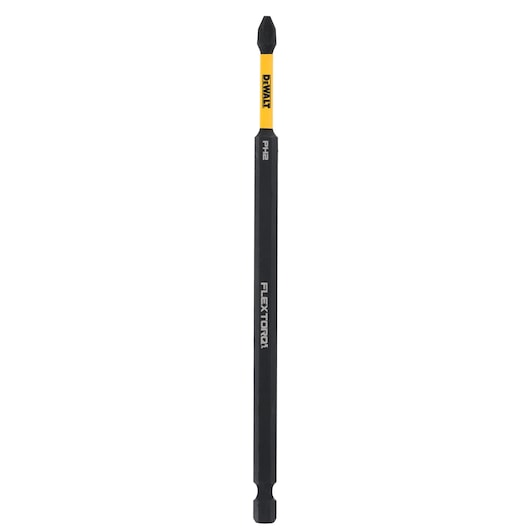 DEWALT FLEXTORQ PH2 screwdriver bit with yellow and black color, long shaft for precision and durability.