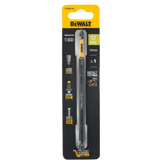 DEWALT DT7800T FlexTorq PH2 screwdriver bit, 152mm, single pack in black and yellow retail packaging.