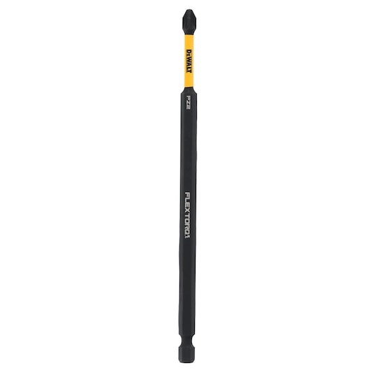 DEWALT DT7801T screwdriver bit with black and yellow design, labeled FLEXTORQ and PZ2, straight shape.