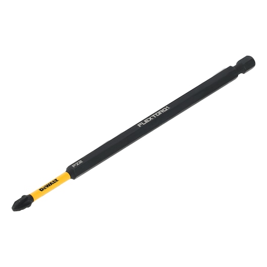 DEWALT FlexTorq screwdriver bit, black and yellow, extended length, suitable for power tools.
