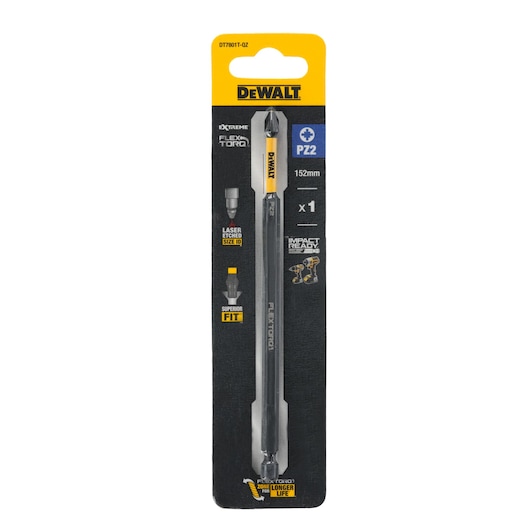DEWALT DT7801T FlexTorq PZ2 screwdriver bit in 152mm single pack, impact ready, black and yellow packaging.