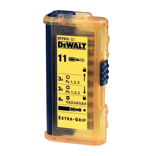 DEWALT DT7915 11-piece screwdriver bit set in a yellow plastic case with black label and extra grip.