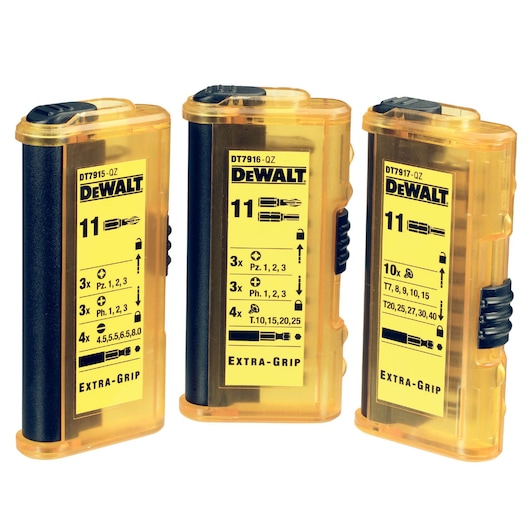 Three yellow DEWALT screw bit sets in durable plastic cases, displayed upright, showing product labels and contents.