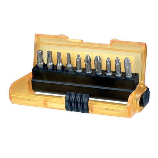 A set of DEWALT screwdriver bits in a transparent yellow plastic case with the lid open. The set includes various metal bits arranged in a black holder.