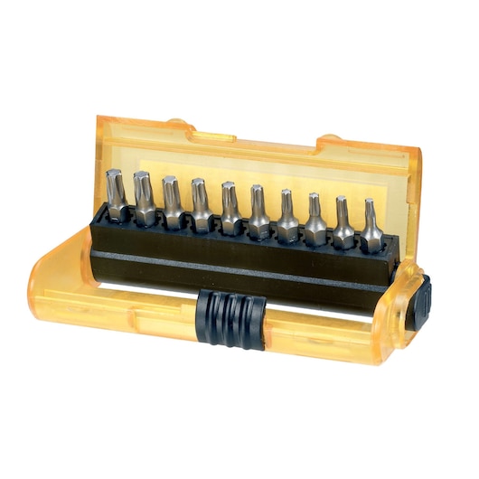 A DEWALT DT7917 set of torx screwdriver bits in a transparent yellow plastic case, with the lid open to show the bits arranged in a black holder.
