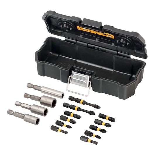 DEWALT bit set with case and various screwdriver bits laid out in front of an open black storage box.