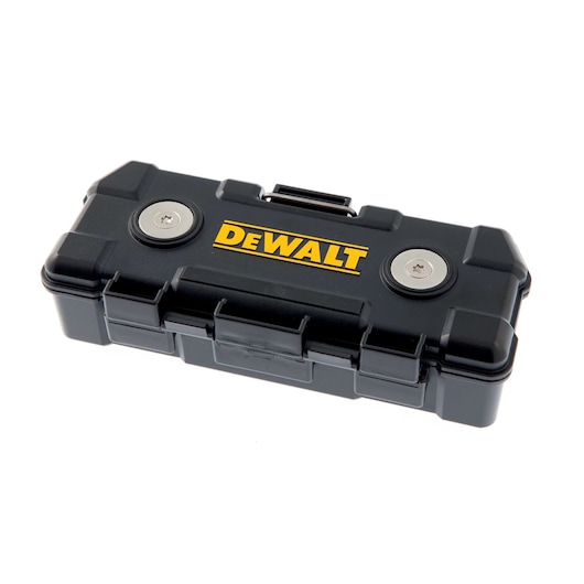 Black DEWALT hard case with yellow logo, featuring two metal accents and a secure latch for storage.