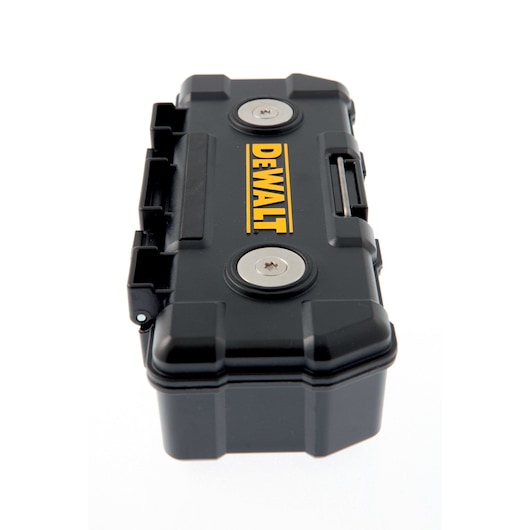 Black DEWALT tool storage case with metal locks, rectangular, sturdy design, yellow logo on top.