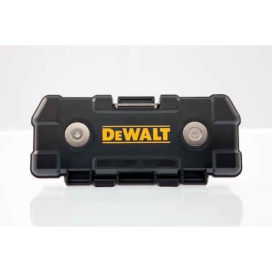 Black DEWALT hard case with logo and metal latches, placed on a white surface.